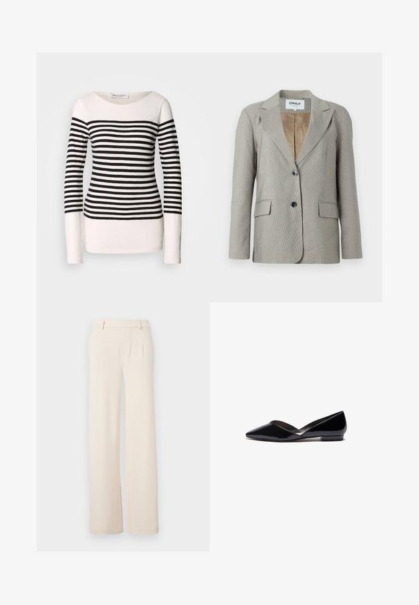 Hellgrauer Blazer mit kariertem Muster, mit Reverskragen, zwei Fronttaschen und einem Knopfverschluss. Gefüttert mit einem beigen Innenfutter.; Langärmliges gestreiftes Oberteil mit schwarzen und weißen horizontalen Streifen, Bootsausschnitt-Design und taillierter Silhouette. Material aus Baumwollmischung.; Helle beige weite Hosen mit vorderen Falten, einer glatten Textur und seitlichen Taschen. Hergestellt aus einem weichen Stoff mit einem maßgeschneiderten Design.; Schwarze Lackleder-Ballerinas mit spitzer Zehenform, V-förmigem oberen Teil, schlankem, flachem Absatz und glatter Textur. Minimalistisches Design ohne sichtbare Beschläge.