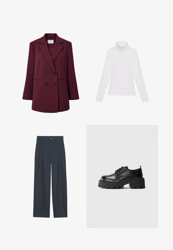 Blazer de mujer cruzado en burdeos oscuro con solapas anchas, cuatro botones negros, dos bolsillos laterales y un bolsillo en el pecho, con etiqueta YAS.; Top blanco de manga larga y cuello alto, confeccionado en una tela suave y elástica. Presenta un diseño ajustado, sin patrones o adornos visibles.; Pantalones de pierna ancha hechos de una tela texturizada de color gris oscuro, con pliegues frontales, cierre de botón y bolsillos laterales para mayor funcionalidad.; Zapatos de cuero negro con puntera redondeada, diseño de cordones y suela de goma gruesa con surcos profundos. Detalles de costura simple a lo largo de los bordes.