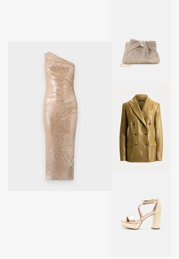 Dobbeltknappet guldfarvet metallic blazer med haklapper, seks knapper, klaplommer og strukturerede skuldre, vist på en ensfarvet baggrund.; Bodycon kjole med en skulderdesign, lavet af glitrende stof i guld. Har en tætsiddende silhuet og glat tekstur.; Guld metalisk platform sandaler med en chunky blokhælk, åben tå og krydsede ankelstropper med spænde detaljer. Glat tekstur.; Metallic guld clutch taske med plisseret stof, der har en sløjfedetalje øverst og en gylden kædetras for alsidighed og nem bæring.