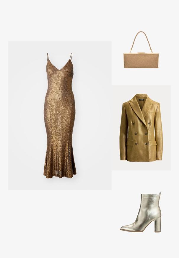 Goudkleurige metallic double-breasted blazer met inkeping revers, zes knopen, klepzakken en gestructureerde schouders, weergegeven op een eenvoudige achtergrond.; Gouden pailletten jurk met een aansluitende silhoutte, spaghettibandjes en een uitlopende zoom. De textuur van het oppervlak weerkaatst licht en versterkt de glans.; Metalen gouden enkellaars met een spitse neus, gladde textuur en een stevige hoge hak. Voorzien van een trekhaak aan de achterkant voor gemakkelijke aan- en uittrekken.; Metalen gouden clutch tasje met een geweven tan textuur, voorzien van een korte handgreep en een klipsluiting, rechthoekige vorm. Lichtgewicht ontwerp.