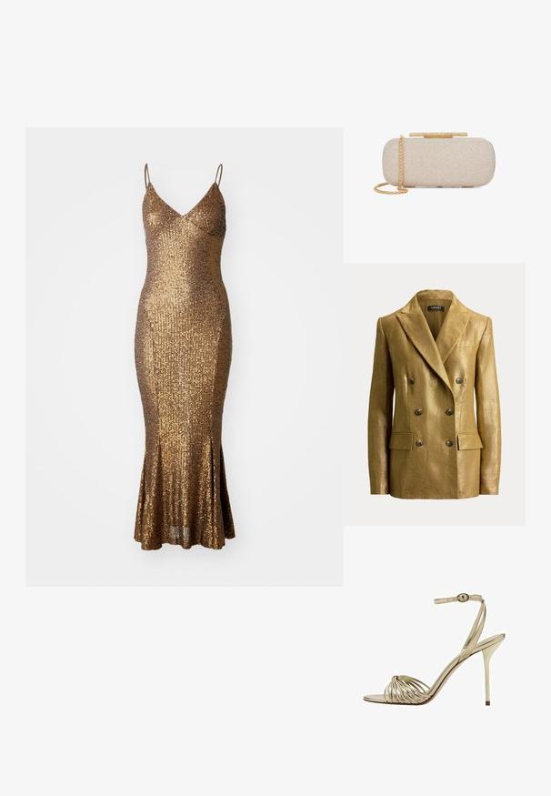 Blazer métallique doré à double boutonnage avec revers crantés, six boutons, poches à rabat et épaules structurées, présenté sur un fond uni.; Robe en sequins dorés avec une silhouette ajustée, des bretelles spaghetti et un ourlet évasé. La surface texturée réfléchit la lumière, accentuant le scintillement.; Sandale à talon haut dorée avec lanières entrelacées à l'avant, fine bride à la cheville et talon stilettos.; Pochette rectangulaire beige texturée avec bandoulière chaîne dorée et fermoir doré orné de strass sur fond blanc.