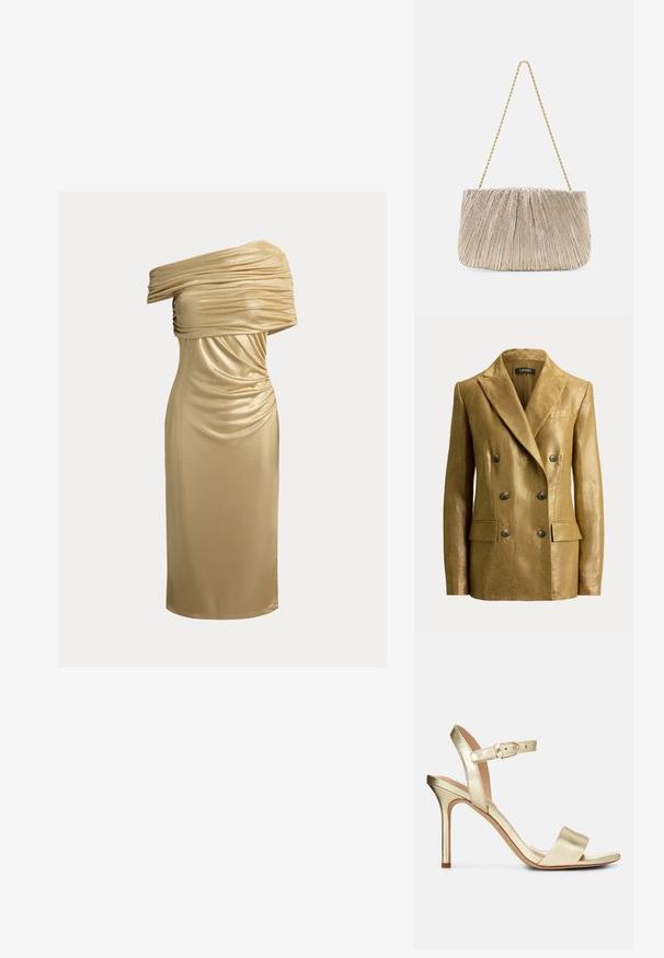 Dobbeltknappet guldfarvet metallic blazer med haklapper, seks knapper, klaplommer og strukturerede skuldre, vist på en ensfarvet baggrund.; Guld ens skulder knælængde kjole med rynkede detaljer på overdelen og en tætsiddende silhuet.; Guldmetallic, strop-sandale med høj hæl og spænde-lukning, åben tå og glat overflade. Har en slank, spids hæl.; Plisseret metallic stof håndtaske med en gylden kædestrop, blød rektangulær form, lys beige farve, tekstureret overflade og samlede detaljer.