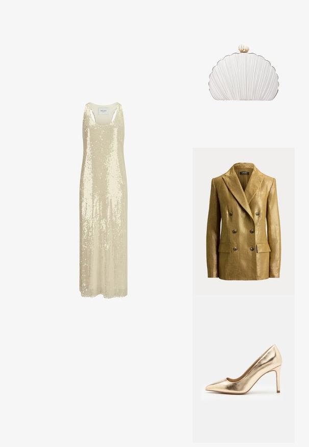 Goudkleurige metallic double-breasted blazer met inkeping revers, zes knopen, klepzakken en gestructureerde schouders, weergegeven op een eenvoudige achtergrond.; Beige maxi-jurk met pailletten, een rond decolleté, uitsnijdingen op de schouders en een gladde textuur. Het ontwerp heeft een volledig paillettenpatroon.; Gouden metallic hoge hakpomp met een spitse neus en een gladde textuur. Beschikt over een gesloten hiel en een slanke, elegante stilettoontwerp.; Witte clutch in de vorm van een sint-jakobsschelp met geplooide textuur en een gouden sluiting met twee parelachtige kralen erop.
