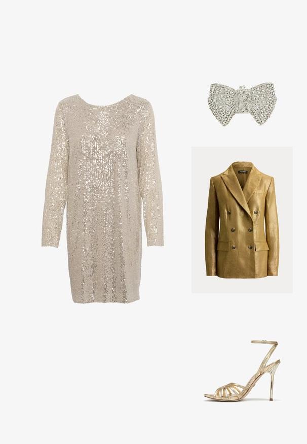 Goudkleurige metallic double-breasted blazer met inkeping revers, zes knopen, klepzakken en gestructureerde schouders, weergegeven op een eenvoudige achtergrond.; Glinsterende jurk in lichtbeige met lange mouwen en een ronde halslijn, met een textuurpatroon van glanzende, reflecterende pailletten overal.; Gouden sandaal met hoge hak en meerdere metalen bandjes, enkelbandje en een slanke stilettohak met een decoratief patroon. Gladde textuur.; Zilverkleurige clutch in de vorm van een strik, versierd met heldere rhinestones en een kristallen sluiting bovenop.