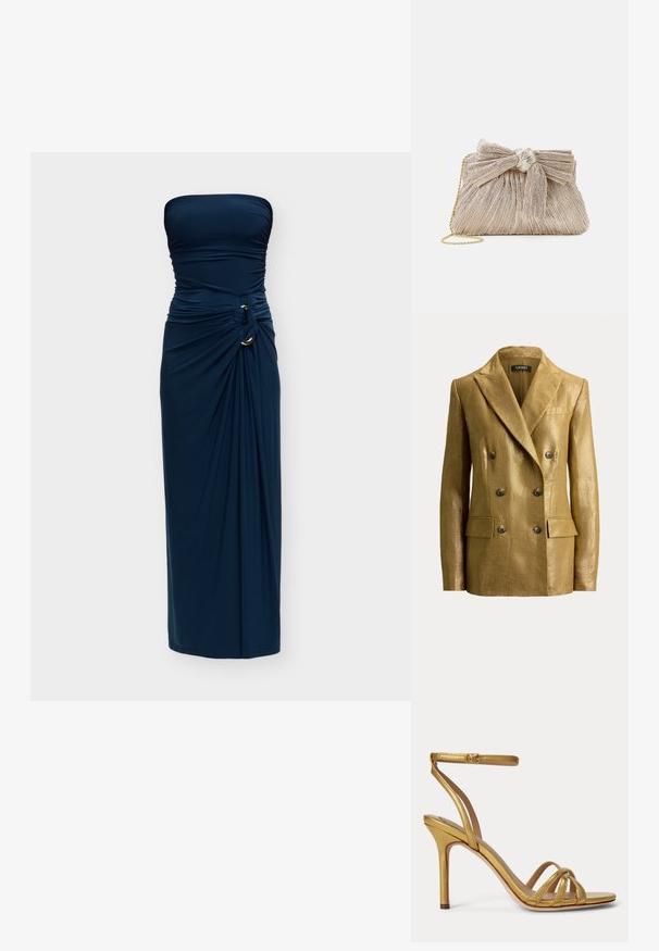 Blazer métallique doré à double boutonnage avec revers crantés, six boutons, poches à rabat et épaules structurées, présenté sur un fond uni.; Robe longue bleu marine sans bretelles, avec détail de tissu froncé et anneau argenté sur la hanche droite.; Sandale à talon haut dorée avec une fine bride à la cheville et trois lanières à l’avant sur les orteils sur un fond uni.; Pochette en or métallisé avec tissu plissé, dotée d'un nœud en haut et d'une bandoulière en chaîne dorée pour une polyvalence et une facilité de transport.