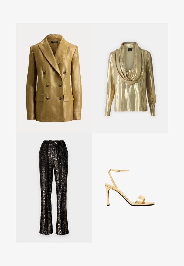 Blazer metálico dorado de doble botonadura con solapas con muesca, seis botones, bolsillos con solapa y hombreras estructuradas, mostrado sobre un fondo liso.; Top dorado metálico con un escote drapeado, mangas largas y una textura suave y brillante. Presenta un ligero brillo y un diseño de ajuste relajado.; Pantalones negros con lentejuelas que presentan rayas verticales, cinturilla elástica y pantalones acampanados con acentos brillantes en toda la superficie.; Sandalias de tacón alto de charol dorado con efecto piel de cocodrilo, con una correa en el tobillo, punta abierta, tacón de aguja delgado y un acabado liso y brillante.