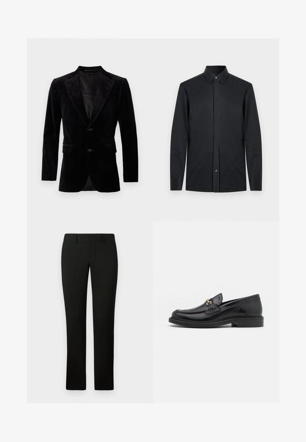 Blazer de terciopelo negro con solapa muescada, cierre de un solo botón, dos bolsillos frontales y forro interior suave.; Camisa negra de manga larga con cuello puntiagudo, botón único en la parte delantera y puños rectangulares. Fabricada en un tejido suave y ligero.; Pantalones negros con un corte a medida, que presentan una textura suave y un diseño de pierna recta. La cintura tiene pasadores para cinturón y un acabado limpio.; Mocasines de cuero negro con punta redondeada, que cuentan con un detalle de herrajes dorados y costuras, situados sobre una suela de goma texturizada y baja.