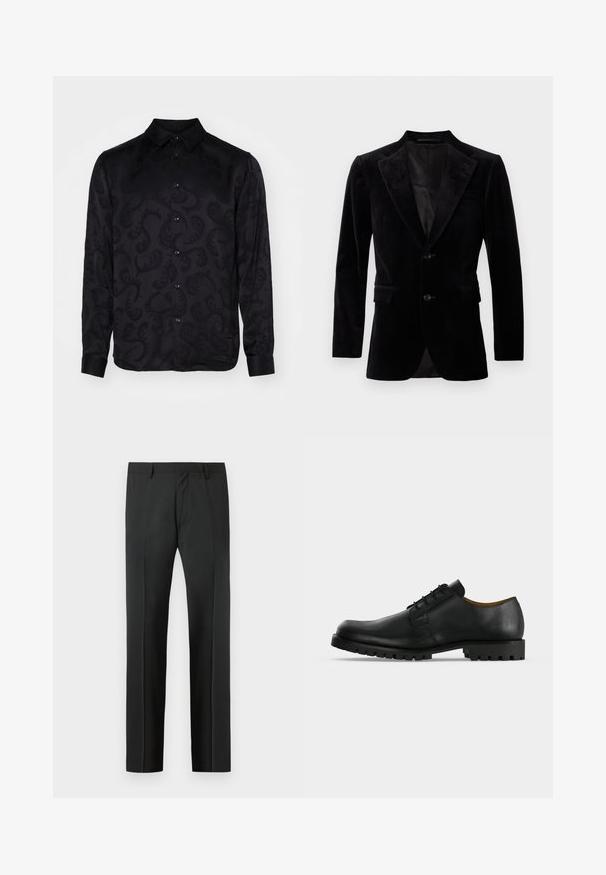 Blazer en velours noir avec revers cranté, devant boutonné simple, deux poches avant et doublure intérieure lisse.; Chemise noire à manches longues avec un motif paisley texturé subtil, dotée d'un col pointu et d'une fermeture à boutons sur le devant. Tissu lisse.; Pantalon habillé noir sur mesure avec passants de ceinture et un pli devant, présenté sur un fond gris clair.; Chaussure de ville noire en cuir à lacets avec une semelle épaisse et rainurée et un petit talon, présentée sur fond blanc.
