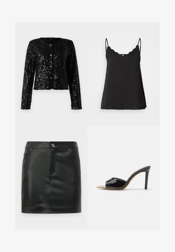 Sort jakke med pailletter, lange ærmer, rund halsudskæring og fem knaplukninger. Struktureret overflade med en cropped design.; Sort scalloped cami-top med tynde stropper, blød tekstur og løs pasform. Har en let buet udskæring og et enkelt design.; Sort faux læder mini nederdel med frontknap, lynlås lukning, front- og baglommer samt sømdetaljer.; Sorte lakerede højhælede mules med åben tå, buet design og en slank hæl. Glat tekstur med en reflekterende finish.
