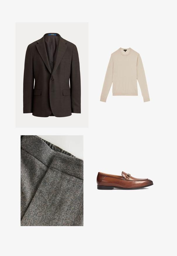 Mørkebrun herreblazer med enkelt knap, hakrevers, lommer med klap og glat inderfor, vist mod en ensfarvet baggrund.; Lyse beige langærmet sweater med rund halsudskæring. Fremstillet i blødt stof og med ribbet manchetter og kant. Minimalistisk design uden mønstre.; Grå uldblandingsbukser med en glat tekstur, der har en bred talje og en ren, klassisk pasform. Subtile farveprikker er til stede.; Brune læder loafers med rund tå, syningsdetaljer og en dekorativ metalspændeaccent foran. Gummisol.