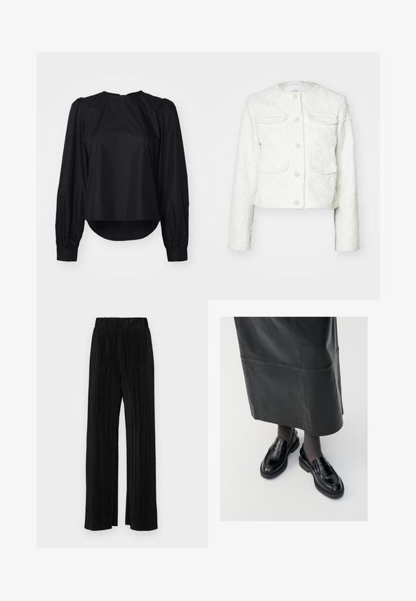 Veste blanche cropped en tissu texturé. Elle se caractérise par quatre poches, une fermeture à boutons avec des accents décoratifs, et un col rond.; Blouse noire à manches bouffantes longues, encolure ronde et ourlet légèrement arrondi. Fabriquée en tissu lisse et léger avec des poignets boutonnés.; Pantalons plissés noirs avec une taille élastique. Présente des jambes larges et un tissu lisse texturé avec des rayures verticales.; Mocassins en cuir noir avec une finition lisse, ornés d'une bande décorative, à bout rond et avec une semelle texturée. Portés avec une longue jupe en cuir noir.