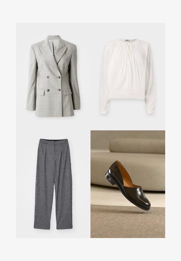 Dobbeltbrystet blazer i lys grå stof med subtile striber, slaglapeller, to frontlommer og sølvknapper.; Hvid langærmet bluse med rund halsudskæring og plisseret front. Blødt, glat stof med afslappet pasform og knapdetalje ved kraven.; Grå rutede bukser med høj talje, bred benvidde og plissee. Fremstillet af strukturstof med et monokrom mønster.; Sort læder slip-on sko med lav hæl, der svæver over tekstureret beige tæppe, beige sofa i baggrunden.