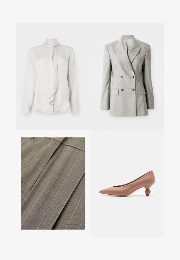 Dobbeltbrystet blazer i lys grå stof med subtile striber, slaglapeller, to frontlommer og sølvknapper.; Hvid langærmet bluse med høj krave og en foran knyttet tørklæde-detail, fremstillet af et glat satinlignende stof.; Close-up af beige stof med fint gitter og tynde, vertikale, hvide striber, med skarpe folder og syningsdetalje.; Weekend Max Mara RENZA - Pumps - nudo