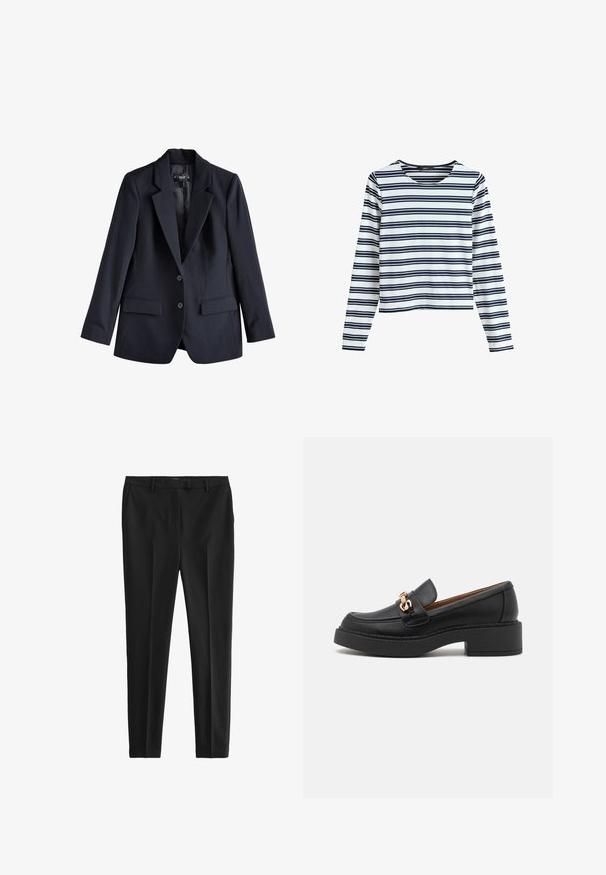 Schwarzer maßgeschneiderter Blazer mit Kerbkragen, zwei Knöpfen, Pattentaschen und langen Ärmeln, flach vor weißem Hintergrund präsentiert.; Langärmeliges Oberteil in Weiß mit horizontalen Marine-Streifen, ausgestattet mit einem runden Ausschnitt und einer lockeren Passform. Hergestellt aus weichem, elastischem Stoff.; Schwarze, maßgeschneiderte Hose aus glattem Stoff. Mit flacher Vorderseite, Seitentaschen und schmaler Passform. Schlichter, minimalistischer Stil.; Schwarzer Leder-Slipper mit einer klobigen Plateausohle, verziert mit einer goldfarbenen Kettenakzent und sichtbaren Nahtdetails. Glatte Textur und elegantes Design.