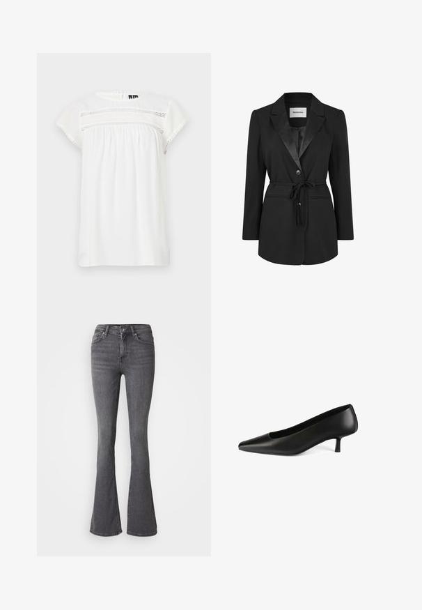 Blazer noir avec un col châle en satin, fermeture à un bouton, poches avant et ceinture à la taille. Tissu lisse avec une coupe ajustée.; Blouse blanche à manches courtes avec un col rond, un design froncé et un détail en dentelle décoratif sur le devant, dotée d'un ourlet festonné.; Jean évasé gris avec taille haute, fermeture à bouton, cinq poches et accents de couture subtils. Fabriqué en denim avec une texture lisse.; Escarpin en cuir noir avec un bout pointu et un talon cylindrique bas. Texture lisse et design minimaliste avec un léger détail découpé.