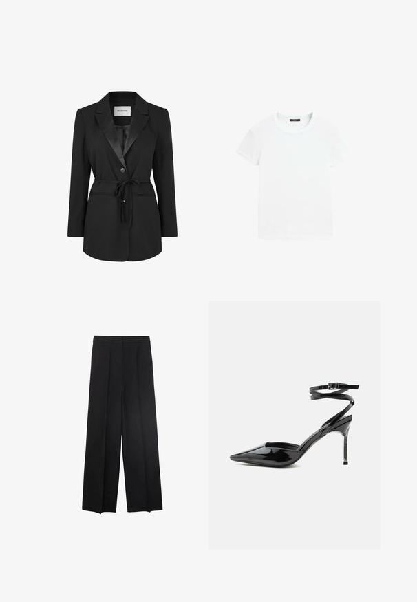 Sort blazer med satin skålekrave, enkelt knaplukning, forlommer og taljebånd. Glat stof med skræddersyet pasform.; Hvid t-shirt med korte ærmer og rund halsudskæring, lagt fladt på en hvid baggrund.; Bredde ben sorte bukser med en glat tekstur, med plisseringer foran og en høj talje-design. Ingen synlige lommer eller hardware.; Sort laklæder spids tå stilet hæl med tynde ankremme og lille spænde.
