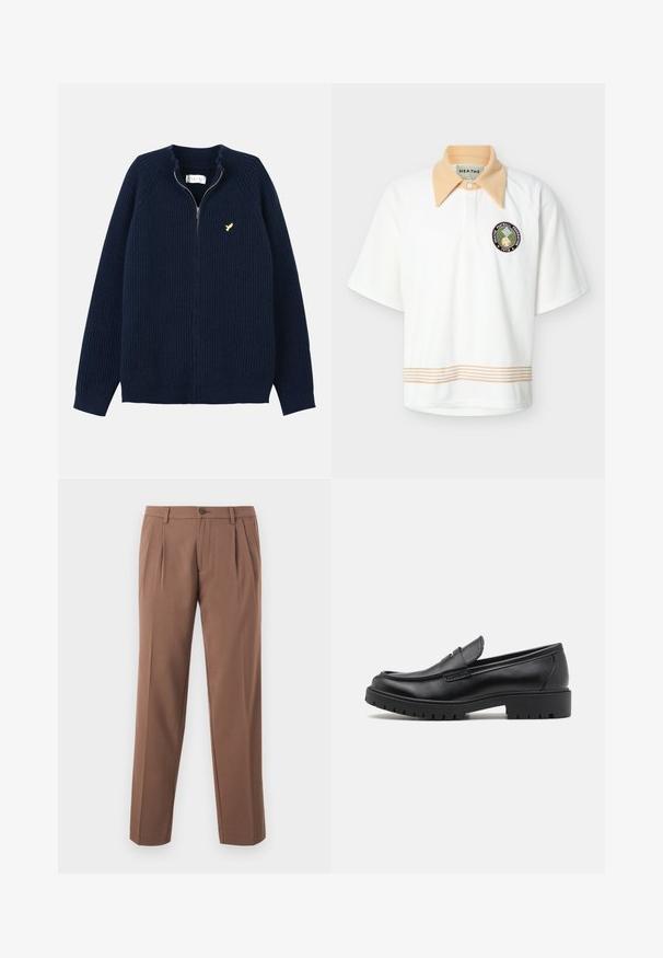 Tummansininen ribbineulottu villapaita, jossa on vetoketjullinen etuosa, korkea kaulus ja vasemmassa rinnassa kultakirjailtu lintulogo. Pehmeä rakenne.; Valkoinen lyhythihainen poolopaita, jossa on beige terävä kaulus, beiget raidalliset reunukset helmassa ja pyöreä "HEATHE Football Federation 1978" -merkki rinnassa.; Ruske hlače s plisiranim dizajnom i ravnim nogavicama, sa jednim dugmetom za zakopčavanje i glatkim, teksturiranim materijalom.; Mustat nahkakengät, joissa on pyöreä varvas, kenkien helposti liukuvat mallit ja paksu kumipohja, jossa on teksturoitu pito. Korotettu kanta ja hillityt ompeluyksityiskohdat.