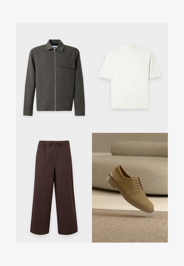Veste verte foncée à manches longues avec une fermeture éclair à l'avant, un col pointu et une poche à rabat sur la poitrine gauche.; T-shirt blanc uni à manches courtes et col rond avec une coupe décontractée, présenté sur un fond gris clair.; Pantalon marron à jambes larges avec taille élastique et lien de serrage à l'avant, fabriqué en tissu lisse.; Chaussure décontractée beige à lacets flottant au-dessus d'un tapis texturé avec un canapé incurvé beige en arrière-plan.