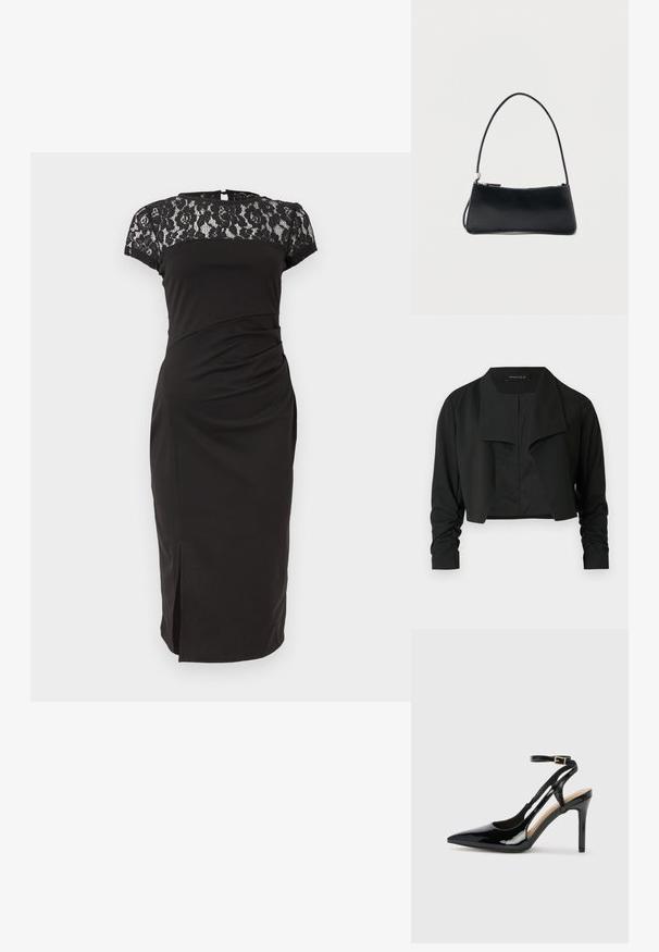Veste noire courte avec un col fendu et des manches longues froncées. Réalisée dans un tissu lisse, présentant un design simple et épuré.; Robe noire mi-longue jusqu'aux genoux avec manches courtes en dentelle et empiècement, taille cintrée et petite fente à l'avant.; Escarpin en cuir verni noir à talon haut, avec un bout pointu, une bride réglable à la cheville et des côtés ouverts. Texture lisse.; Sac à main rectangulaire noir avec une fine bandoulière et fermeture éclair, présenté sur un fond blanc uni.