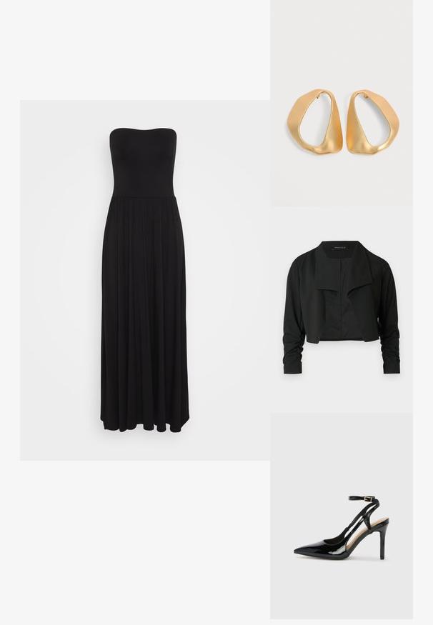 Sort cropped jakke med delt krave og rynkede lange ærmer. Fremstillet af et glat stof med et enkelt, rent design.; Sort strapless maxikjole lavet af strækbart stof, med en tætsiddende overdel og en flydende nederdel med plisserede detaljer for ekstra volume.; Sorte laklæder højhælede slingback-sko med spids tå, justerbar ankelrem og åben sider. Glat tekstur.; Par af uregelmæssige, asymmetriske gyldne hoop-øreringe med en glat, mat finish på en neutral baggrund.
