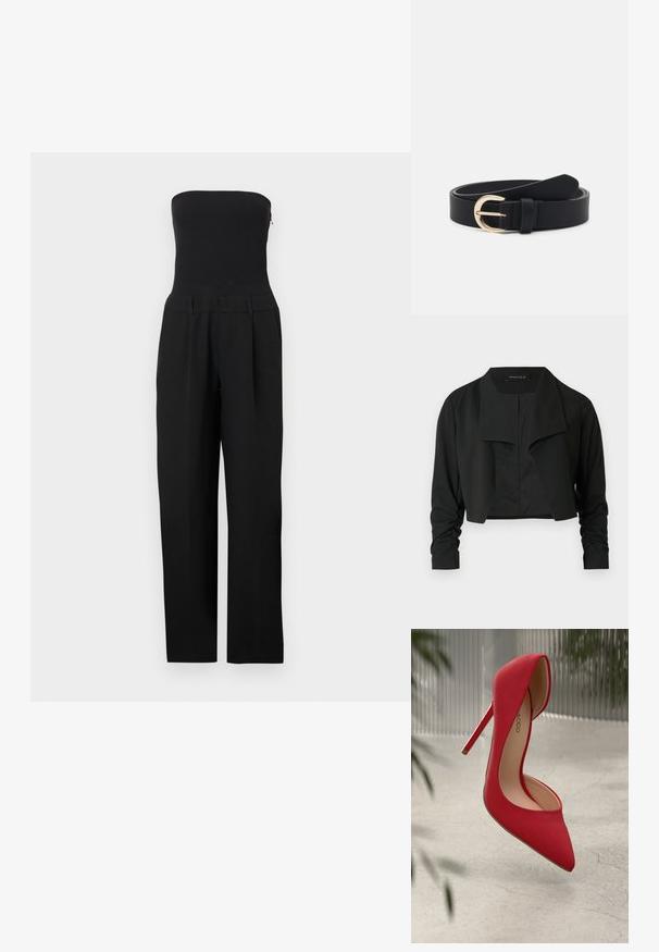Sort cropped jakke med delt krave og rynkede lange ærmer. Fremstillet af et glat stof med et enkelt, rent design.; Sort stropløs jumpsuit med tætsiddende overdel og bukser med vide ben vist på en hvid baggrund.; Rød højhælet sko med spids tå og glat ruskindsoverflade. Har en stiletto-hæl og en guldaccent ved hælens bund.; Sort læderbælte med en guld metalspænde, flad tekstur og en enkelt ring; har en glat overflade og minimal design.