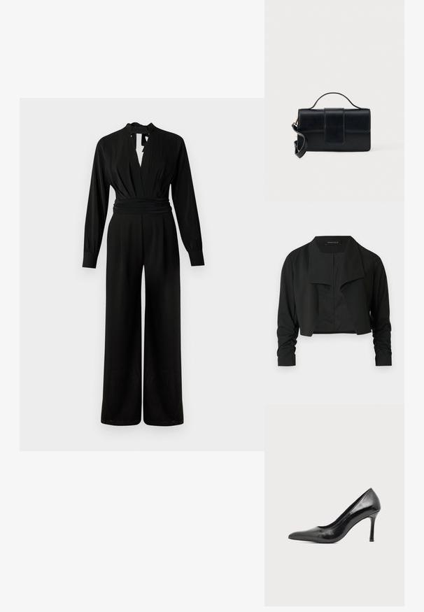 Veste noire courte avec un col fendu et des manches longues froncées. Réalisée dans un tissu lisse, présentant un design simple et épuré.; Combinaison noire à manches longues, col en V profond et fermeture à nouer au niveau du cou. Comprend une taille ajustée et un design à jambes larges. Texture de tissu lisse.; Chaussure à talon haut pour femme en cuir verni noir avec bout pointu et talon fin sur fond clair uni.; Sac à main en cuir noir de forme rectangulaire, avec une poignée sur le dessus et une bandoulière réglable. Il comporte un rabat avant avec une fermeture magnétique.
