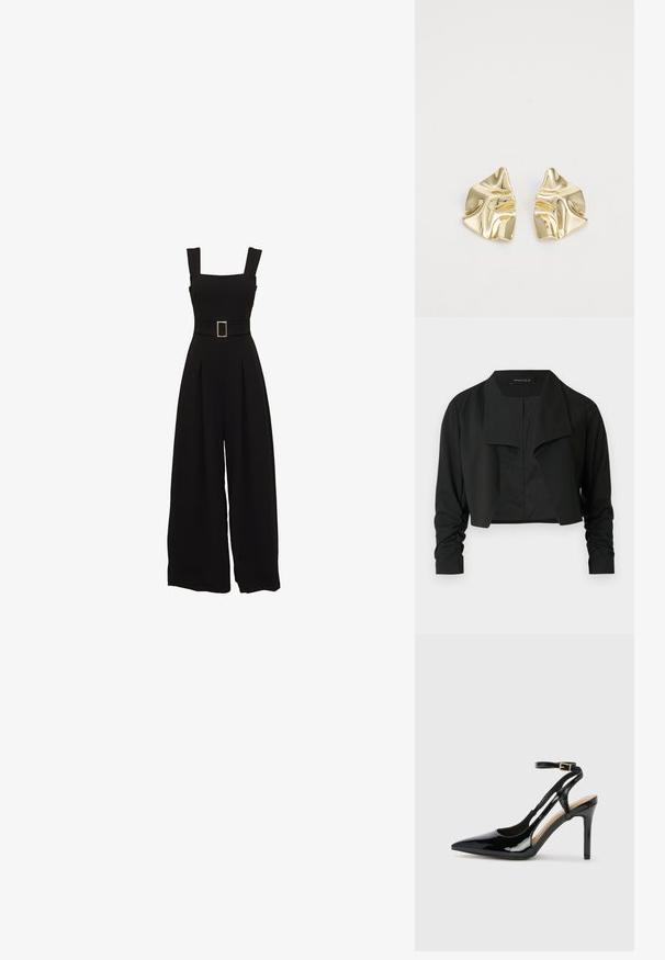 Schwarze, verkürzte Jacke mit einem geteilten Kragen und gerafften langen Ärmeln. Hergestellt aus einem glatten Stoff, mit einfachem, sauberem Design.; Schwarzer Jumpsuit mit weitem Bein, quadratischem Ausschnitt, verstellbaren Trägern, einem taillierten Gürtel mit rechteckiger Schnalle und plissierten Details vorne.; Schwarze Patentleder-High-Heel-Slingback-Pumps mit spitzem Zeh, verstellbarem Knöchelriemen und offenen Seiten. Glatte Textur.; Goldfarbene metallische Ohrringe mit einem wellenförmigen Design; glatte, reflektierende Oberfläche; asymmetrische Form; keine sichtbaren Muster oder Hardware.