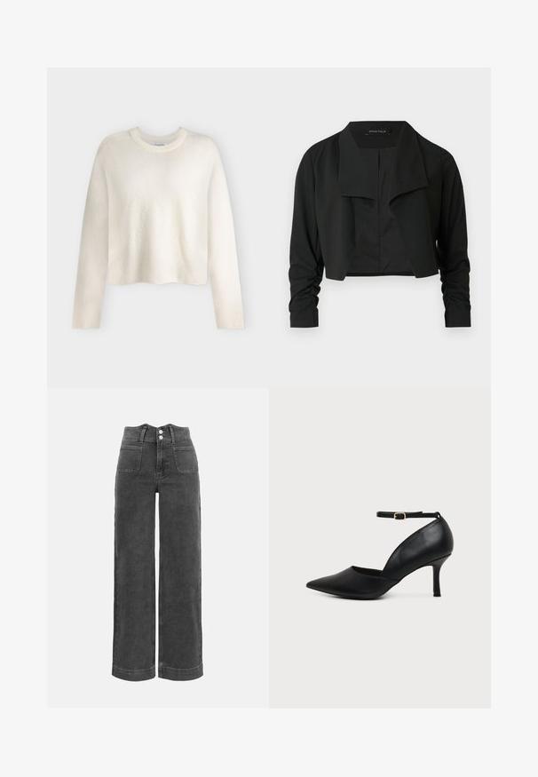 Veste noire courte avec un col fendu et des manches longues froncées. Réalisée dans un tissu lisse, présentant un design simple et épuré.; Pull col rond à manches longues couleur blanc cassé, coupe légèrement raccourcie et poignets côtelés, présenté sur un fond clair uni.; Pantalon en denim gris foncé à taille haute, coupe large, avec poches plaquées à l'avant et fermeture à double bouton.; Chaussure en cuir noir à bout pointu avec talon kitten, bride à la cheville et boucle dorée sur fond neutre.