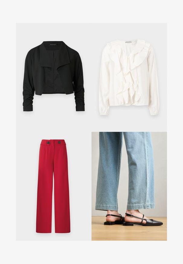 Sort cropped jakke med delt krave og rynkede lange ærmer. Fremstillet af et glat stof med et enkelt, rent design.; Hvid bluse med flæsefront, blødt stof, lange ærmer og knaplukning. Har en struktureret krave og rynkede manchetter.; Røde bukser med vidde, høj talje, to sorte knapper på linningen, for-trykninger og lige kant.; Sorte læder slingback-sko med spidse tæer, flad hæl og ankelrem; båret med lyseblå viddebenede jeans.