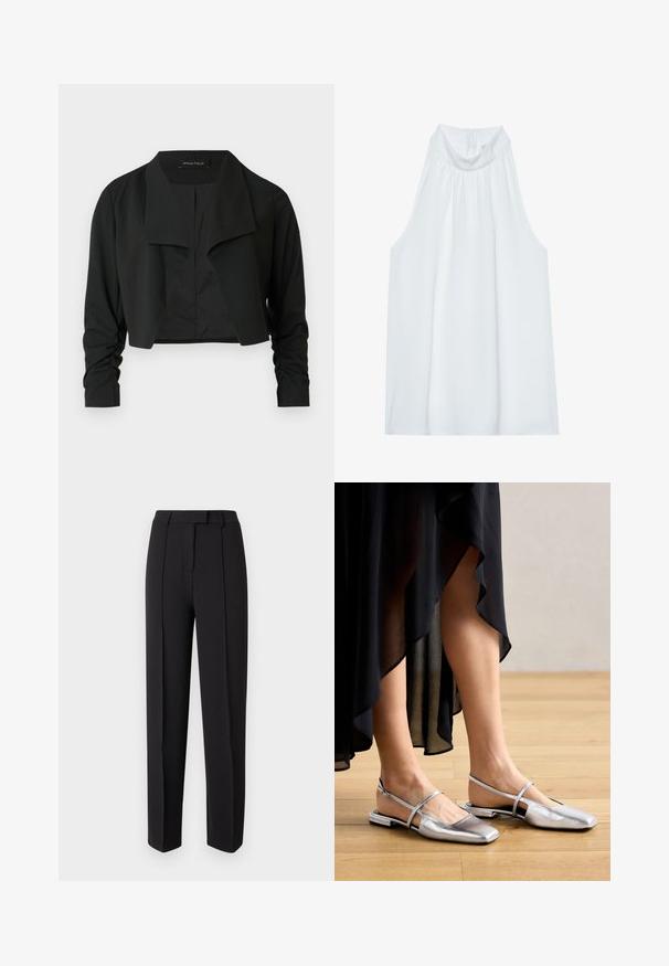 Veste noire courte avec un col fendu et des manches longues froncées. Réalisée dans un tissu lisse, présentant un design simple et épuré.; Haut sans manches blanc avec un col montant, en tissu doux, présentant des détails froncés au niveau du col et une fermeture éclair dissimulée à l'arrière.; Pantalon noir taillé avec une texture lisse, présentant une coupe droite, des passants pour ceinture et deux plis avant pour plus de détails.; Chaussures plates métalliques argentées avec un design à bout carré, une lanière arrière et des accents découpés. Texture lisse sur un sol en bois.