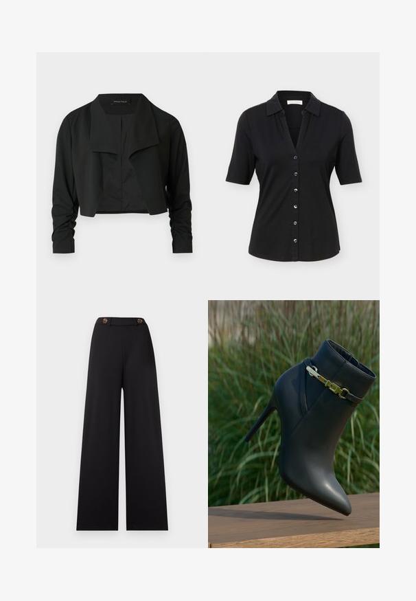 Veste noire courte avec un col fendu et des manches longues froncées. Réalisée dans un tissu lisse, présentant un design simple et épuré.; Chemise noire à manches courtes avec col, six boutons sur le devant, et une silhouette légèrement cintrée.; Pantalon noir à jambes larges avec une taille haute, doté de deux boutons marron et d'un tissu lisse et texturé. Sans motifs ni accents supplémentaires.; Bottine noire à talons hauts avec un bout pointu et un détail de boucle en or, exposée sur une surface en bois avec un arrière-plan de feuillage vert.