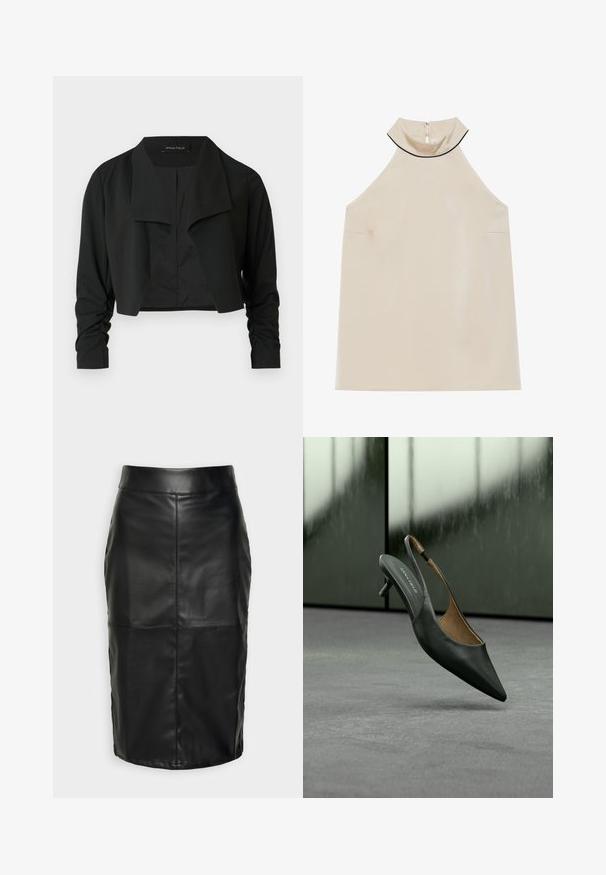 Sort cropped jakke med delt krave og rynkede lange ærmer. Fremstillet af et glat stof med et enkelt, rent design.; Beige, ærmeløs halterneck-top i glat stof med høj krave og lynlås bagpå, der har et minimalistisk design uden synlige mønstre.; Sort lædernederdel med en glat tekstur, der har en høj talje og syninger, der skaber en diskret, struktureret form.; Sort slingback sko med spidset tå og lille hæl med tynd rem og "ANNA FIELD" mærke på indersålen, mod en sløret grå baggrund.