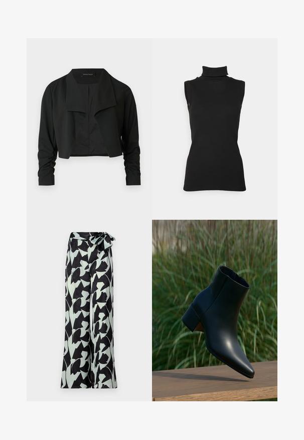 Veste noire courte avec un col fendu et des manches longues froncées. Réalisée dans un tissu lisse, présentant un design simple et épuré.; Top noir sans manches en maille côtelée, avec un col haut et une silhouette ajustée. Texture lisse avec un minimum de détails.; Pantalons à jambes larges noirs avec des motifs floraux abstraits vert menthe. Dotés d'une taille haute avec une ceinture nouée pour un ajustement réglable.; Bottine noire en cuir avec talon bloc, bout pointu, présentée au-dessus d'une surface en bois avec un fond flou d'herbe verte.