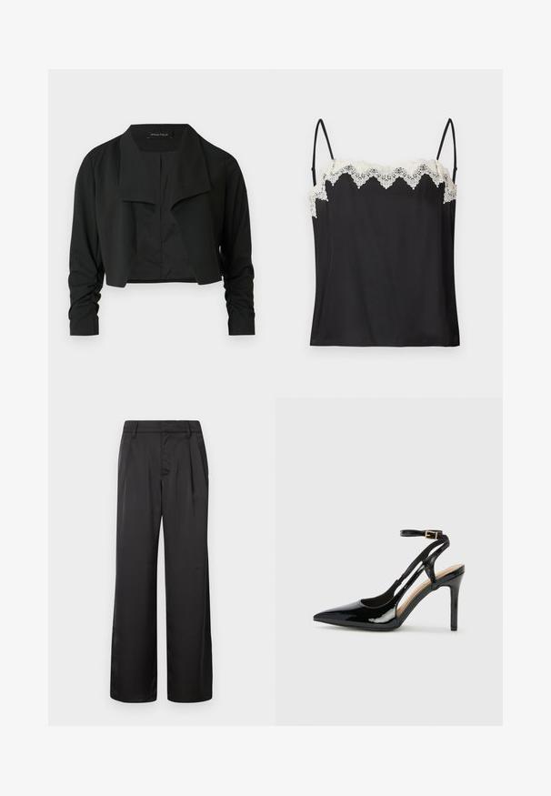 Veste noire courte avec un col fendu et des manches longues froncées. Réalisée dans un tissu lisse, présentant un design simple et épuré.; Camisole noire à fines bretelles, ornée d'une bordure en dentelle blanche festonnée le long du décolleté. Tissu lisse avec une coupe ample.; Pantalon noir à jambes larges en tissu lisse, avec un devant plissé, des poches latérales et une ceinture cintrée.; Escarpin en cuir verni noir à talon haut, avec un bout pointu, une bride réglable à la cheville et des côtés ouverts. Texture lisse.