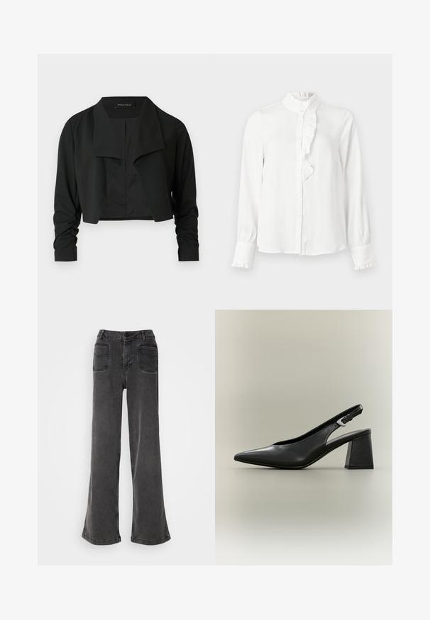 Chaqueta negra corta con cuello dividido y mangas largas fruncidas. Hecha de un tejido liso, con un diseño sencillo y limpio.; Blusa blanca con un cuello alto con volantes, botones delanteros y mangas largas con puños con volantes. Tejido liso y ligero con un corte relajado.; Jeans negros de tiro alto y pierna ancha, hechos de denim, con cierre de botones, presillas para cinturón y dos bolsillos traseros con detalles de costura.; Zapato slingback de cuero negro con puntera puntiaguda, hebilla plateada y tacón grueso y cuadrado sobre un fondo neutro.