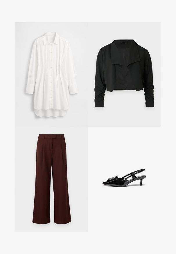 Schwarze, verkürzte Jacke mit einem geteilten Kragen und gerafften langen Ärmeln. Hergestellt aus einem glatten Stoff, mit einfachem, sauberem Design.; Weißes langärmeliges Hemd aus Baumwolle; verfügt über eine vordere Knopfleiste, einen spitzen Kragen und einen abgerundeten Saum mit einem etwas längeren Rücken.; Weit geschnittene, hoch taillierte Hosen in dunkelbraun mit Gürtelschlaufen und vorderen Falten, dargestellt auf weißem Hintergrund.; Schwarze Lackleder-Slingbacks mit spitzer Zehenpartie, einer Schleifendetail an der Vorderseite und einem kleinen Stiletto-Absatz. Die Riemen haben verstellbare Schnallen.