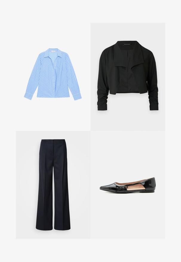 Veste noire courte avec un col fendu et des manches longues froncées. Réalisée dans un tissu lisse, présentant un design simple et épuré.; Chemise boutonnée bleu clair avec des rayures verticales blanches, manches longues, un col, et deux poches avant. Tissu lisse avec des accents contrastés.; Pantalon à jambes larges bleu marine foncé, en tissu lisse. Il présente une ceinture cintrée et des plis devant, conçu pour une coupe décontractée.; Chaussure plate pointue en cuir verni noir avec découpe latérale et petit nœud décoratif sur le bord extérieur.