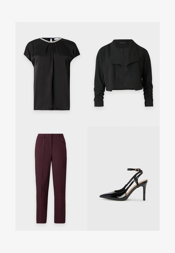 Veste noire courte avec un col fendu et des manches longues froncées. Réalisée dans un tissu lisse, présentant un design simple et épuré.; Blouse en satin noir à manches courtes, col avant froncé et détail de col orné. Fermeture à l'arrière avec une fente en forme de goutte.; Pantalon droit bordeaux avec une texture lisse, présentant un devant plat et sans poches visibles. Coupe ajustée avec une coupe classique.; Escarpin en cuir verni noir à talon haut, avec un bout pointu, une bride réglable à la cheville et des côtés ouverts. Texture lisse.