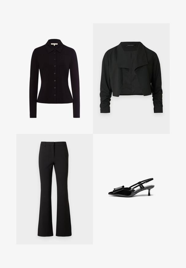 Schwarze, verkürzte Jacke mit einem geteilten Kragen und gerafften langen Ärmeln. Hergestellt aus einem glatten Stoff, mit einfachem, sauberem Design.; Schwarzes Langarmhemd mit Kragen, featuring eine durchgehende Knopfleiste und eine taillierte Passform, aus glattem Stoff gefertigt.; Schwarze, ausgestellte Hose aus glattem Stoff, mit einer vorderen Bügelfalte, Gürtelschlaufen und maßgeschneiderter Passform. Sauberes Design ohne sichtbare Muster.; Schwarze Lackleder-Slingbacks mit spitzer Zehenpartie, einer Schleifendetail an der Vorderseite und einem kleinen Stiletto-Absatz. Die Riemen haben verstellbare Schnallen.