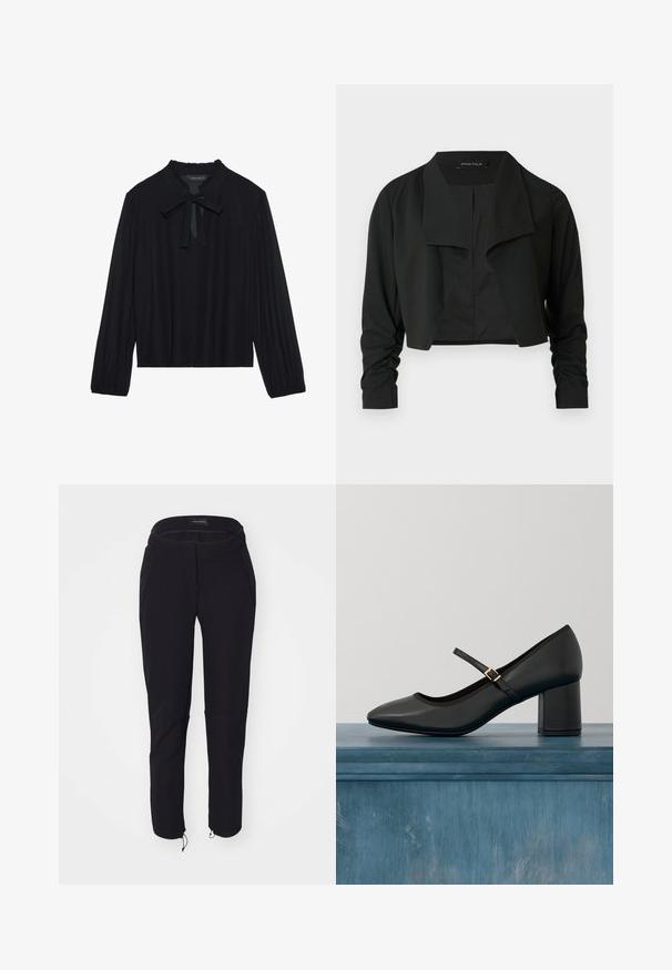 Veste noire courte avec un col fendu et des manches longues froncées. Réalisée dans un tissu lisse, présentant un design simple et épuré.; Haut noir à manches longues, col volanté et nœud papillon au niveau du col. Tissu doux et lisse avec une coupe décontractée et des poignets froncés.; Pantalon noir avec une texture lisse, présentant un design ajusté, une taille élastique, deux poches et des poignets ajustables avec cordons de serrage.; Chaussure Mary Jane noire avec talon carré et sangle à boucle dorée, flottant au-dessus d'un sol en béton lisse dans un cadre intérieur minimaliste.