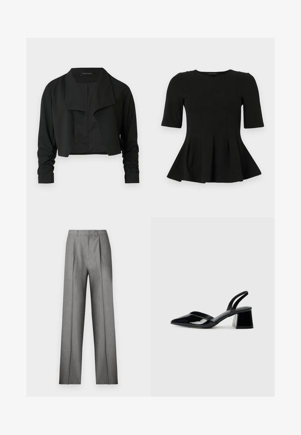 Sort cropped jakke med delt krave og rynkede lange ærmer. Fremstillet af et glat stof med et enkelt, rent design.; Sort peplum top med korte ærmer og rund udskæring samt lodrette sømdetaljer, vist på en hvid baggrund.; Grå skræddersyede bukser med et plisseret frontpanel, lige ben og en subtil tekstur. Har en linning med bæltestropper og ingen synlige lommer.; Sorte patentlæder slingback hæle med spids tå og en geometrisk blok hæl. Har et elegant, minimalistisk design og en glat tekstur.