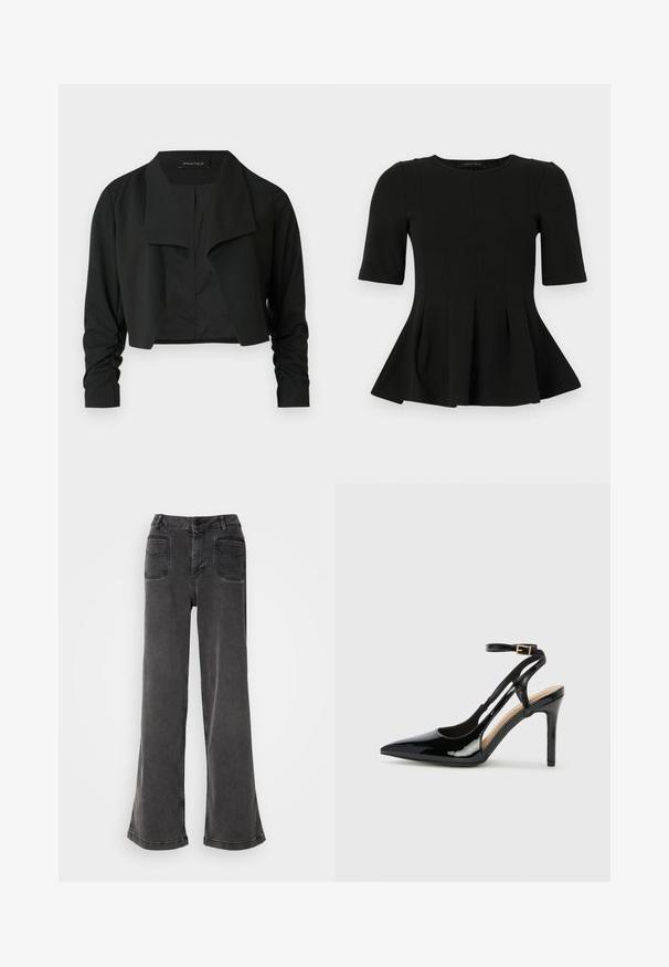 Sort cropped jakke med delt krave og rynkede lange ærmer. Fremstillet af et glat stof med et enkelt, rent design.; Sort peplum top med korte ærmer og rund udskæring samt lodrette sømdetaljer, vist på en hvid baggrund.; Høj talje, brede ben sorte jeans lavet af denim, med knaplukning, bæltestropper og to baglommer med syninger.; Sorte laklæder højhælede slingback-sko med spids tå, justerbar ankelrem og åben sider. Glat tekstur.