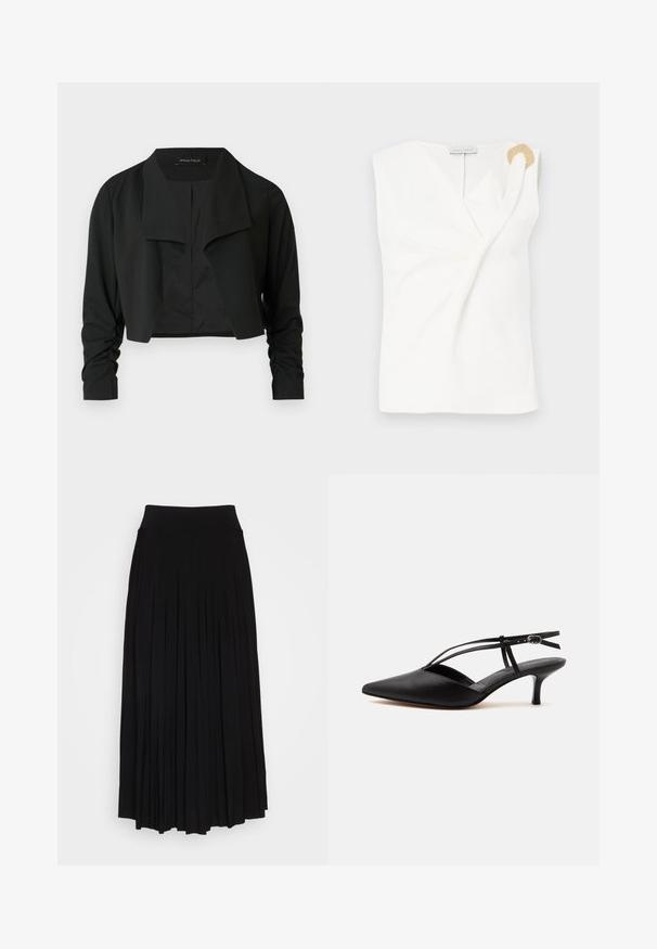 Zwarte cropvest met een gespleten kraag en gerimpelde lange mouwen. Gemaakt van een gladde stof, met een eenvoudig, strak ontwerp.; Mouwloze witte blouse met een wikkelontwerp, voorzien van een decoratieve ring in goudkleur op de rechter schouder.; Zwarte plissé rok met een hoge, elastische tailleband. Gemaakt van zachte stof, met verticale plooien voor een vloeiende silhouet.; Zwarte leren pumps met spits toelopende neus, kittenheel met dunne enkelriem en gesp, slingback ontwerp, op een effen lichte achtergrond.