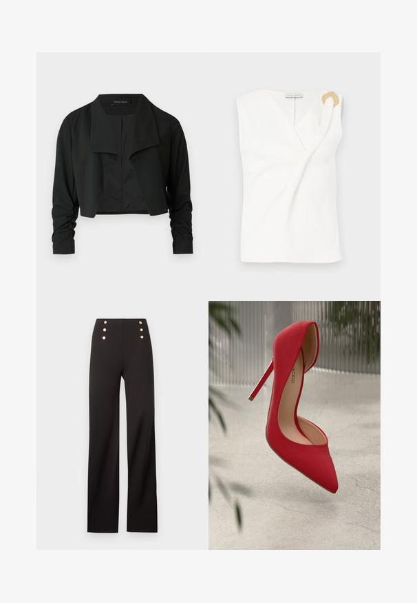 Veste noire courte avec un col fendu et des manches longues froncées. Réalisée dans un tissu lisse, présentant un design simple et épuré.; Blouse sans manches blanche avec un design croisé, présentant un détail décoratif en forme d'anneau doré sur l'épaule droite.; Pantalon noir taille haute à jambes larges avec six boutons décoratifs dorés disposés en deux rangées verticales près de la taille.; Chaussure à talons hauts rouge avec un bout pointu et une finition en daim lisse. Dotée d'un talon aiguille et d'un accent doré à la base du talon.