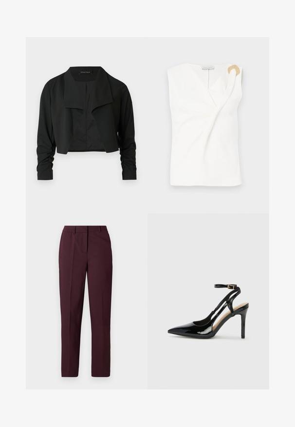 Schwarze, verkürzte Jacke mit einem geteilten Kragen und gerafften langen Ärmeln. Hergestellt aus einem glatten Stoff, mit einfachem, sauberem Design.; Ärmellose weiße Bluse mit einem Wickeldesign, die ein dekoratives Ringdetail in goldfarbener Ausführung auf der rechten Schulter aufweist.; Bordeauxrote, gerade geschnittene Hose mit glatter Textur, mit flacher Vorderseite und ohne sichtbare Taschen. Maßgeschneidertes Design mit klassischer Passform.; Schwarze Patentleder-High-Heel-Slingback-Pumps mit spitzem Zeh, verstellbarem Knöchelriemen und offenen Seiten. Glatte Textur.