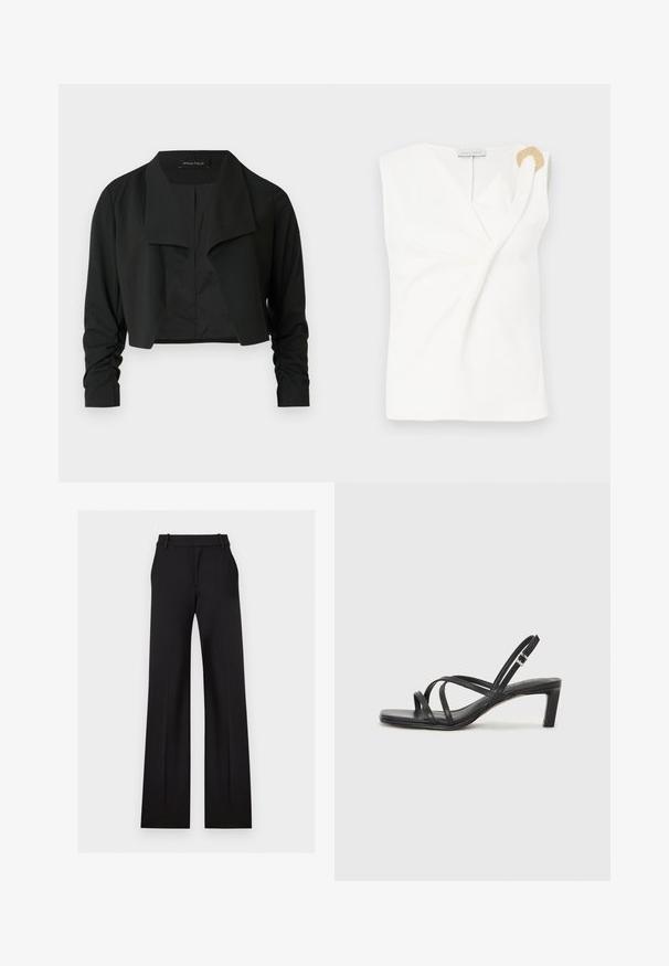 Veste noire courte avec un col fendu et des manches longues froncées. Réalisée dans un tissu lisse, présentant un design simple et épuré.; Blouse sans manches blanche avec un design croisé, présentant un détail décoratif en forme d'anneau doré sur l'épaule droite.; Pantalon noir taille haute, large, confectionné sur mesure, avec passants de ceinture et poches avant sur un fond clair uni.; Sandale noire à lanières avec un bout carré et un petit talon bloc. Elle présente plusieurs fines lanières et une sangle de cheville ajustable. Fabriquée en cuir lisse.