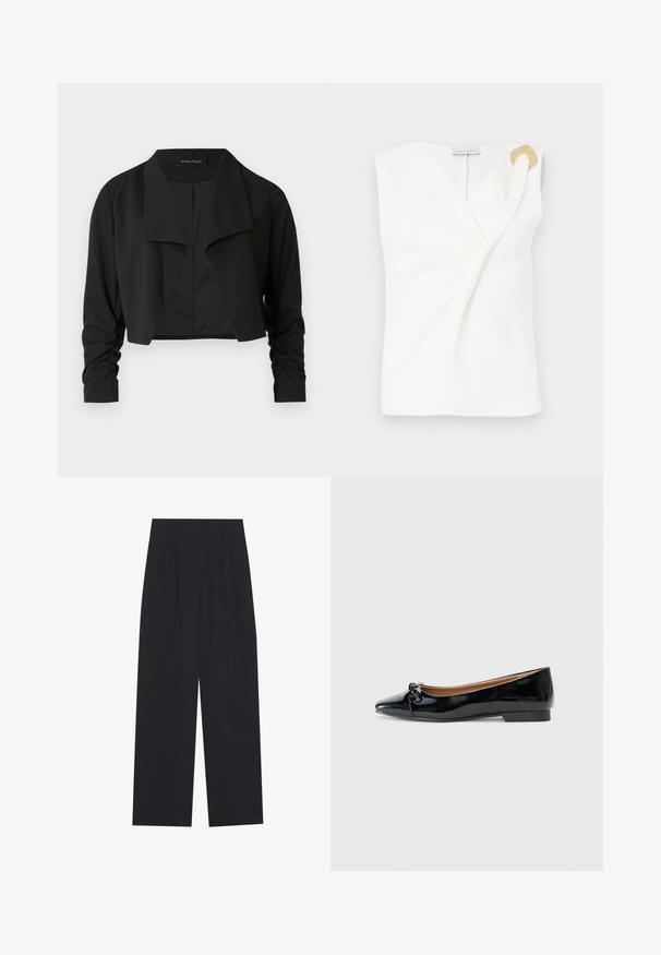 Veste noire courte avec un col fendu et des manches longues froncées. Réalisée dans un tissu lisse, présentant un design simple et épuré.; Blouse sans manches blanche avec un design croisé, présentant un détail décoratif en forme d'anneau doré sur l'épaule droite.; Pantalons larges noirs en tissu lisse, avec des plis, une taille plate et sans poches ni decorations visibles.; Ballerines en cuir verni noir avec un bout pointu, un petit nœud à l'avant et un petit talon carré. Texture lisse et brillante.