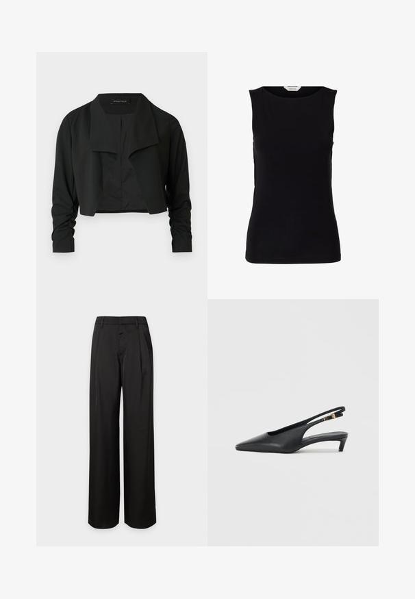 Veste noire courte avec un col fendu et des manches longues froncées. Réalisée dans un tissu lisse, présentant un design simple et épuré.; Haut noir sans manches, cintré, avec encolure ronde et étiquette de marque blanche à l'intérieur du col.; Pantalon noir taille haute à jambes larges avec passants de ceinture et plis devant, présenté sur un fond clair uni.; Des escarpins à talon ouvert noirs avec un bout pointu, une texture en cuir lisse, un petit talon aiguille, et une sangle avec un accent de boucle en métal.
