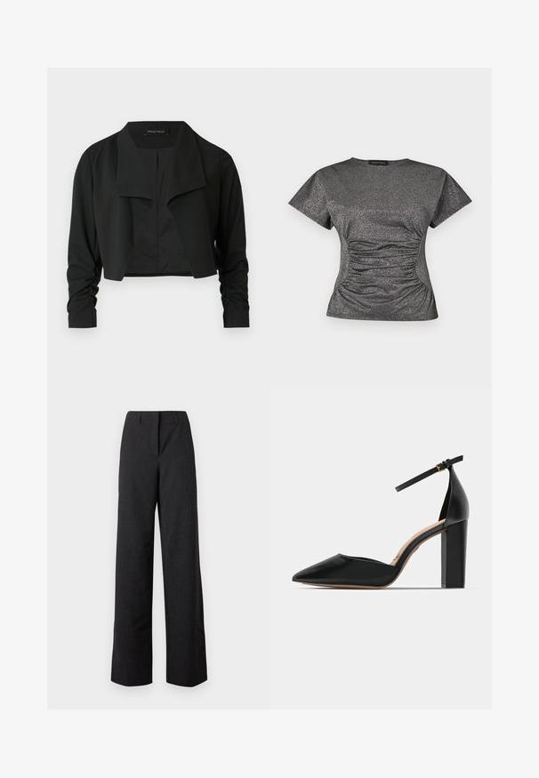 Schwarze, verkürzte Jacke mit einem geteilten Kragen und gerafften langen Ärmeln. Hergestellt aus einem glatten Stoff, mit einfachem, sauberem Design.; Kurzärmliges, dunkelgraues Oberteil mit metallic Glitzer, rundem Halsausschnitt und gerafftem Rüschendetail in der Taille.; Schwarze Damen-Hosen mit hoher Taille und weitem Bein, mit verdecktem vorderem Verschluss und Gürtelschlaufen.; Schwarzer Leder-Pumps mit Knöchelriemen, spitzem Zeh und quadratischem Blockabsatz. Glatte Textur mit minimalistischer Gestaltung.