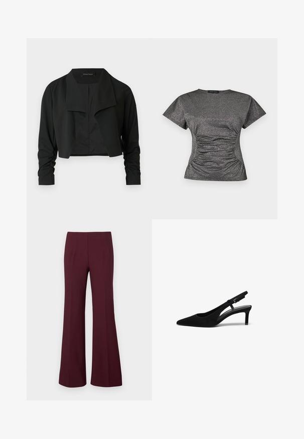 Schwarze, verkürzte Jacke mit einem geteilten Kragen und gerafften langen Ärmeln. Hergestellt aus einem glatten Stoff, mit einfachem, sauberem Design.; Kurzärmliges, dunkelgraues Oberteil mit metallic Glitzer, rundem Halsausschnitt und gerafftem Rüschendetail in der Taille.; Hochtaillierte, bordeauxrote, ausgestellte Hose mit vorderen Abnähern und taillierter Passform, auf einem weißen Hintergrund präsentiert.; Schwarzer Wildlederslingback-Schuh mit spitzem Zehenbereich, niedrigem Absatz, offenen Seiten und verstellbarem Riemen mit einer Metallschnalle. Glatte Textur.